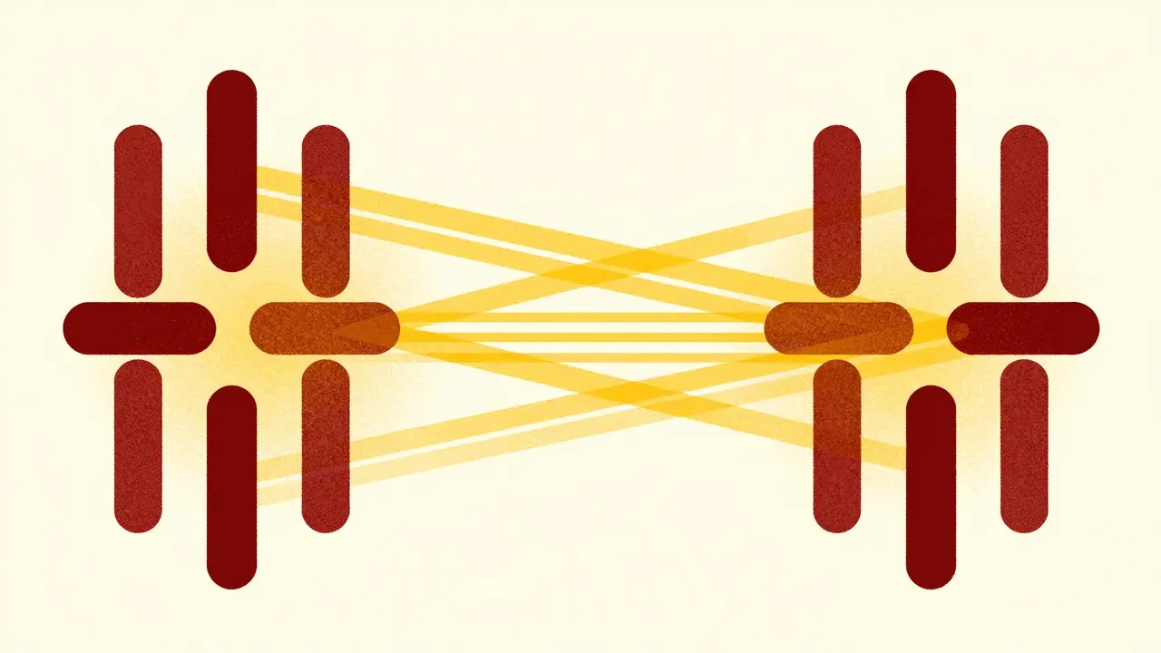 Risograph illustration of fading connection lines between distant data tokens for ALiBi