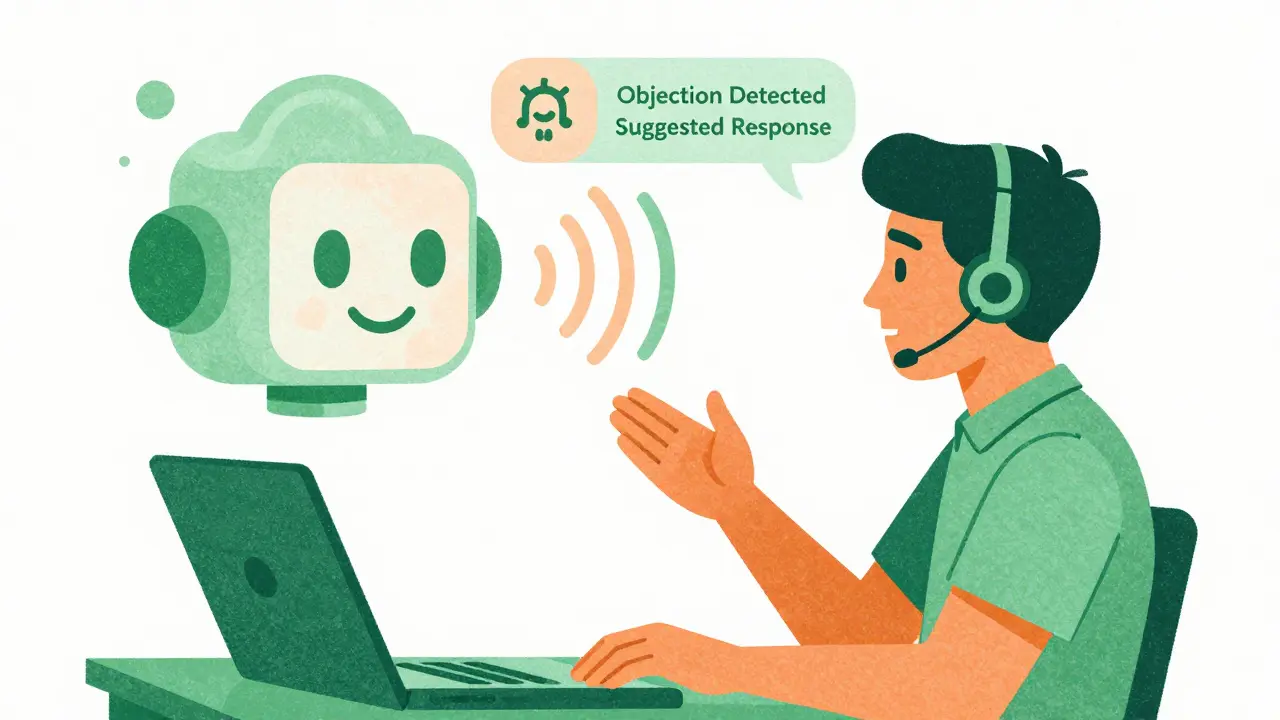 Sales rep receiving real-time AI suggestions during a customer phone call.