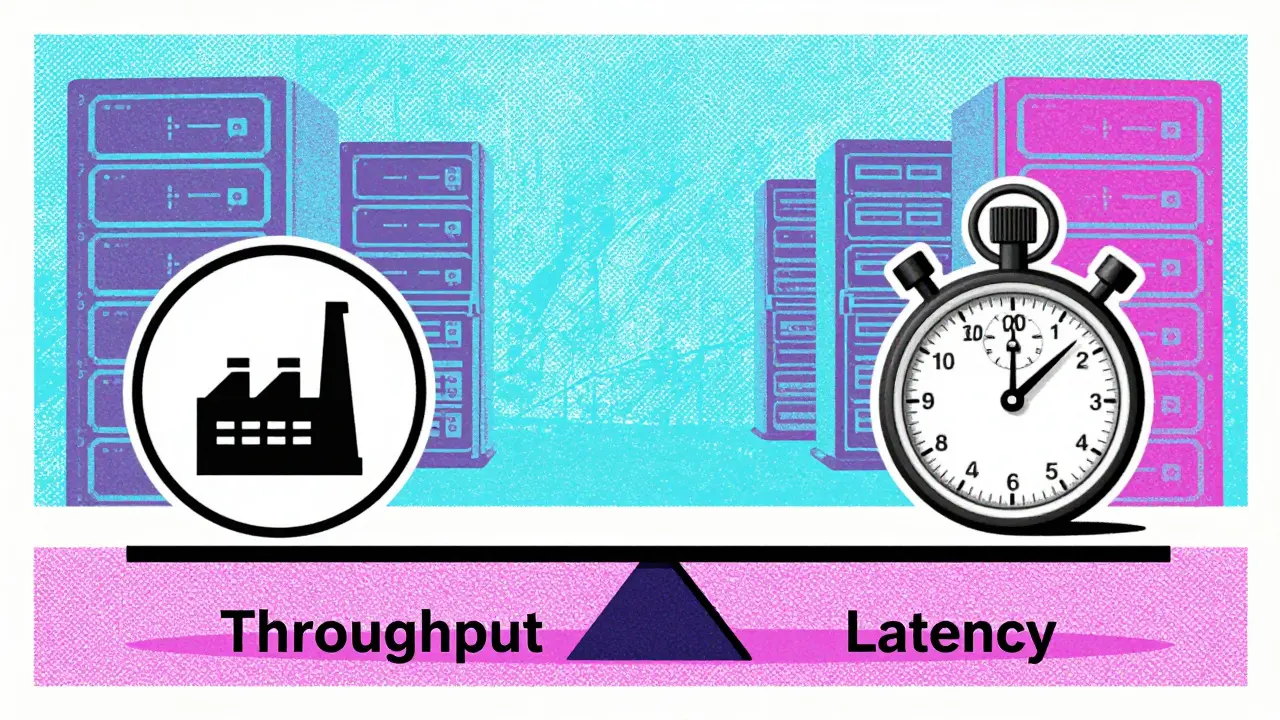 Seesaw balancing throughput and latency metrics in retro print style