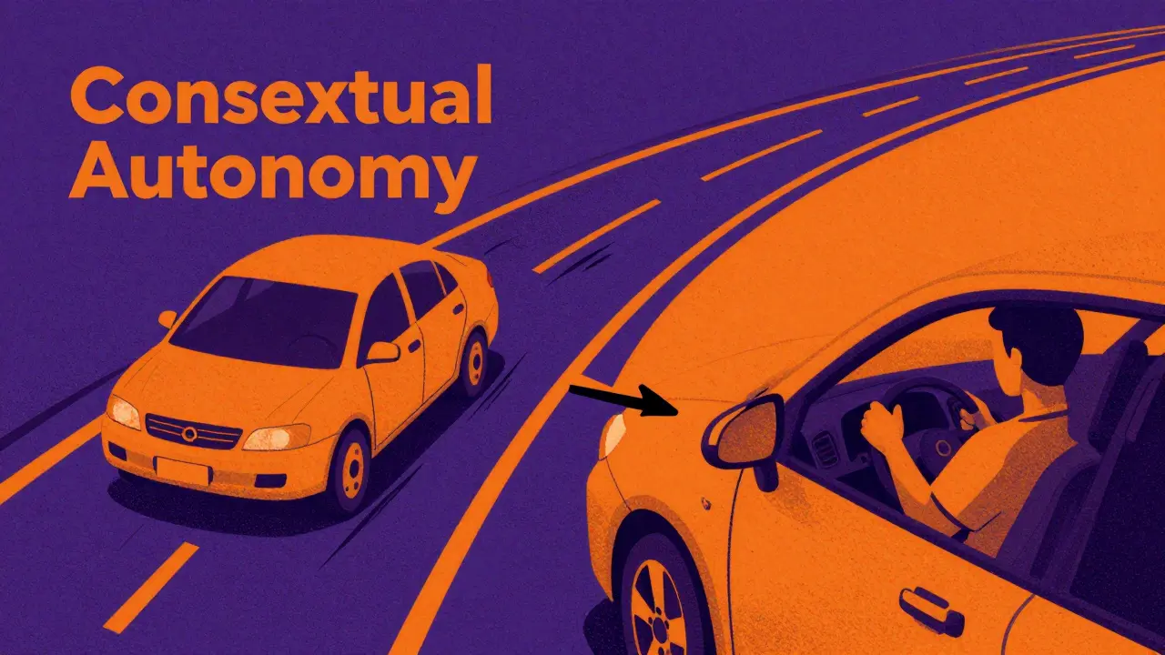 Self-driving car switching to human control on a split road in risograph art style.