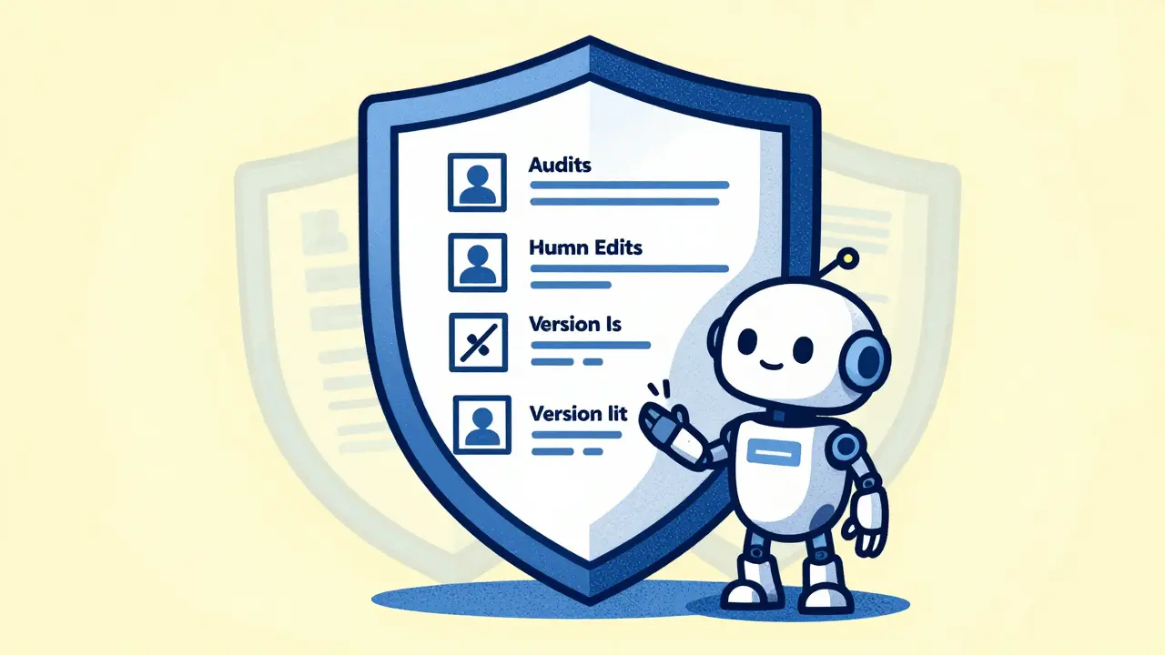 Shield of documents protecting a robot coder, symbolizing IP safety steps
