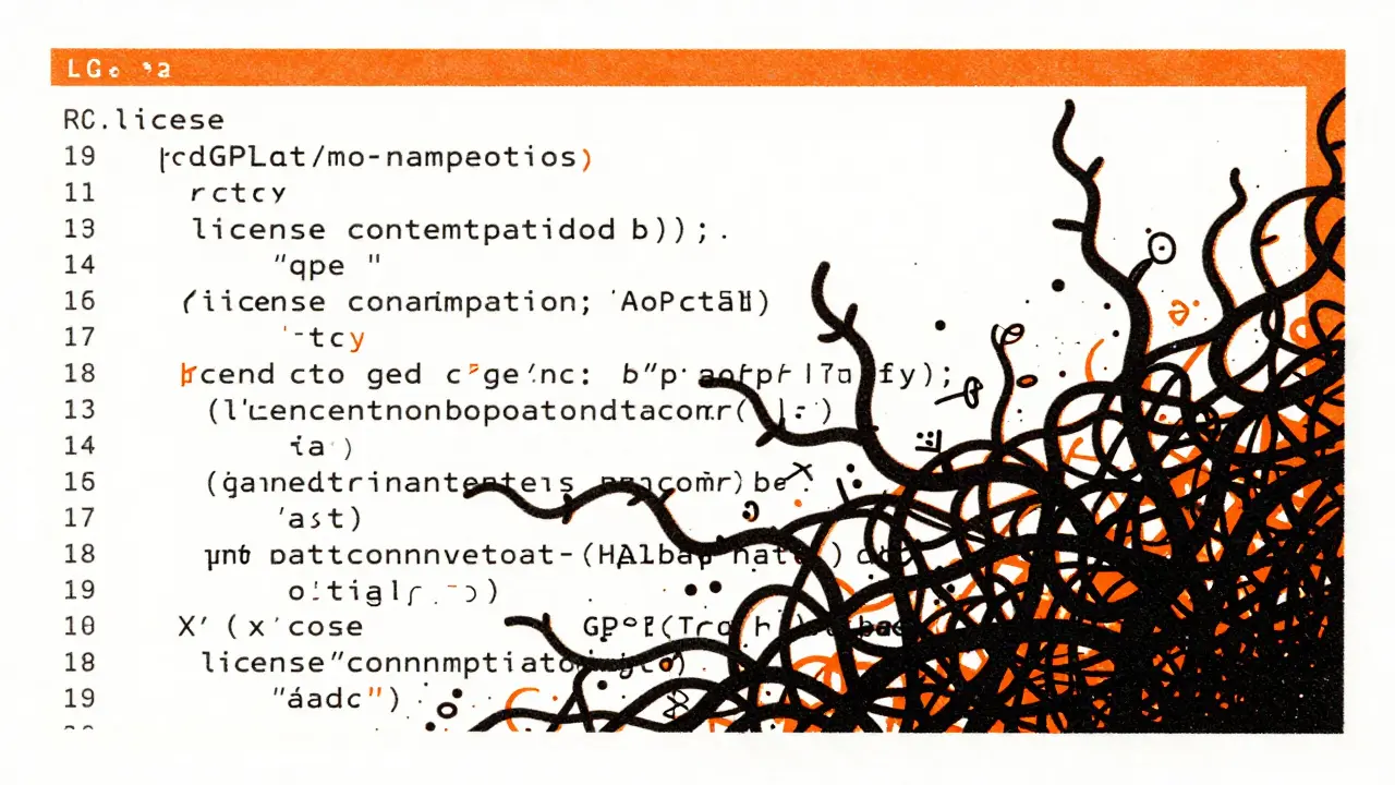 Tangled vines invading clean code blocks, symbolizing license contamination