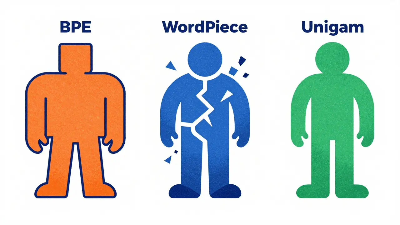 Three abstract figures representing different tokenization methods