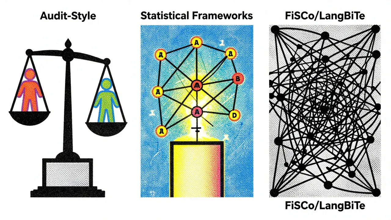 Three pillars representing audit, statistical, and semantic bias testing methods.
