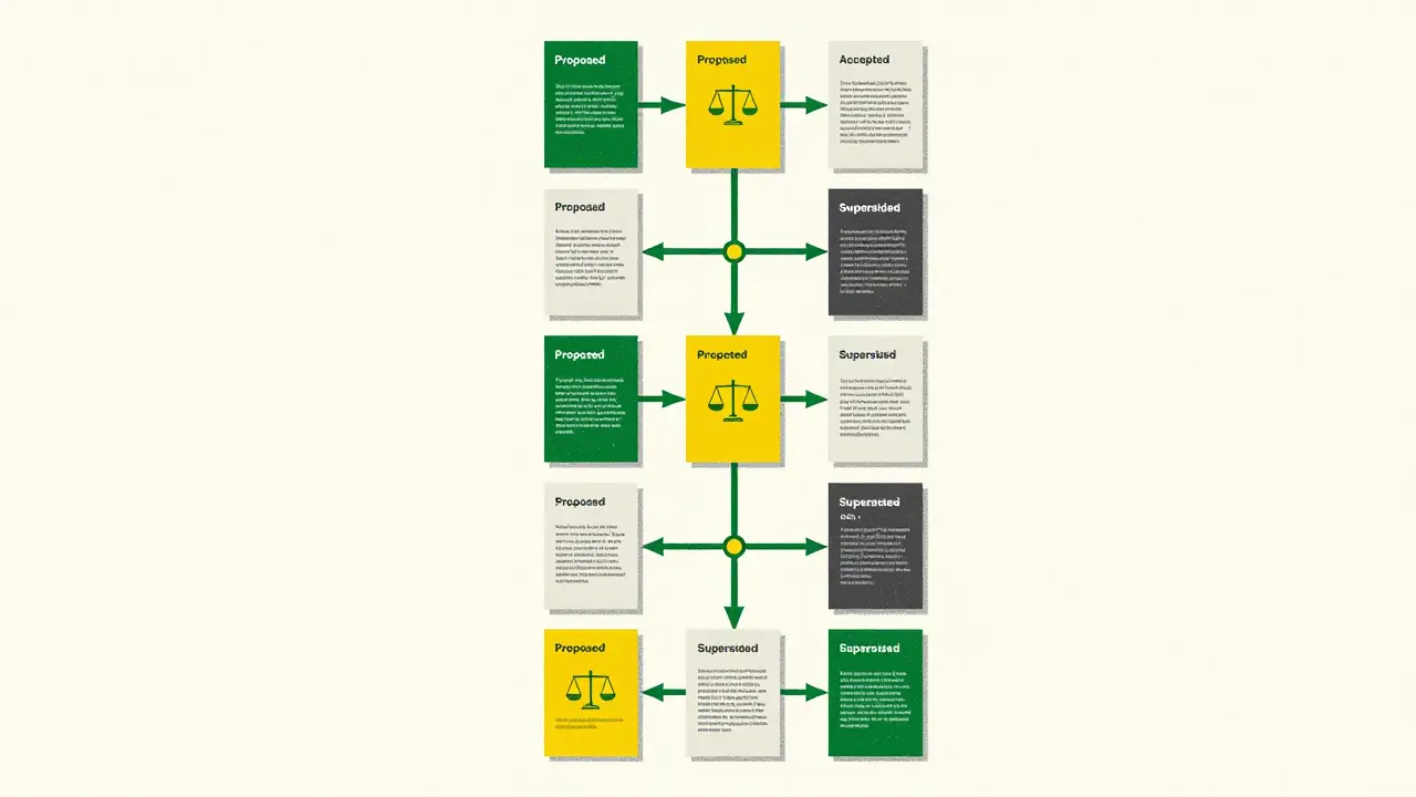 Visual timeline of architecture decisions displayed as linked cards in a risograph style.