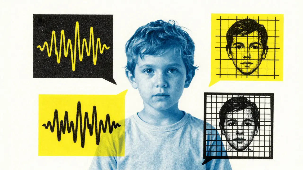 Abstract biometric data symbols surrounding a child in Risograph art
