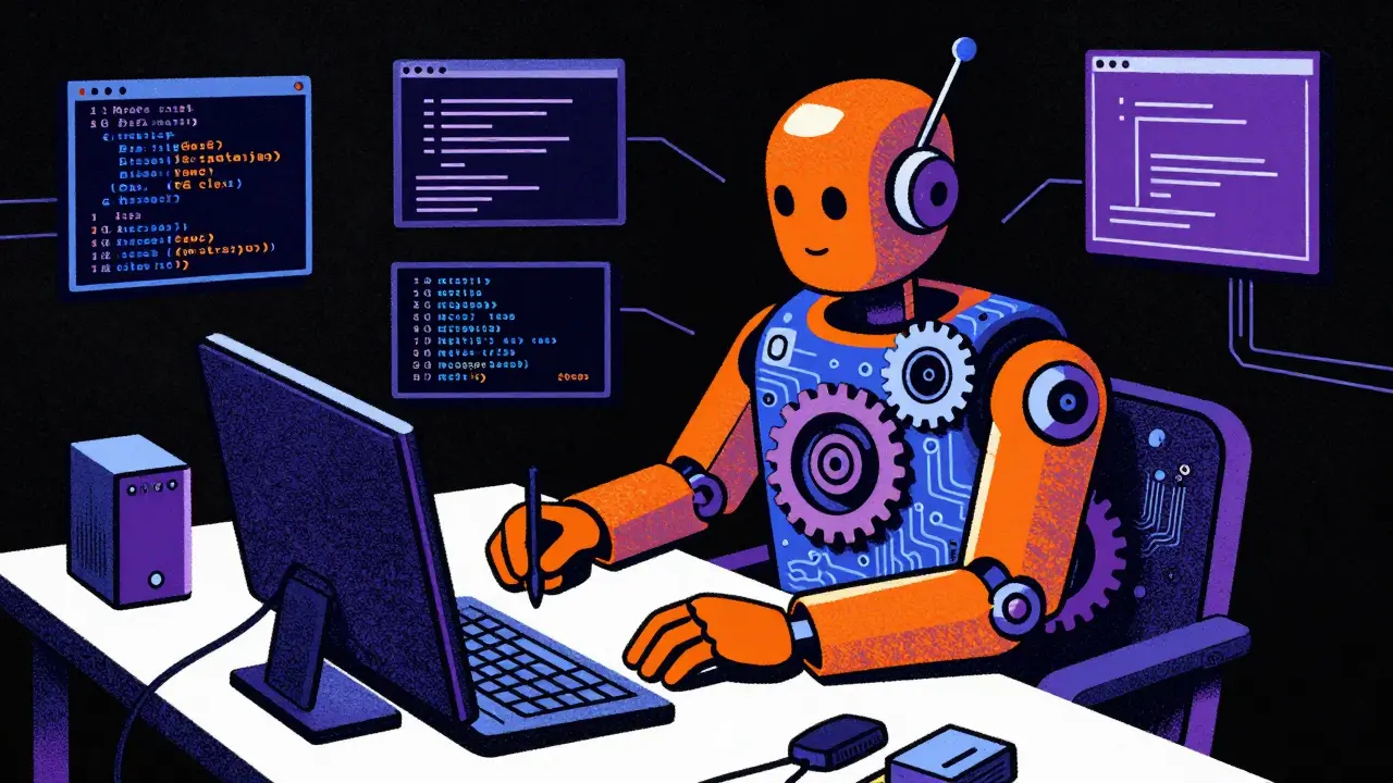 Autonomous AI agent handling coding tasks alone, Risograph art