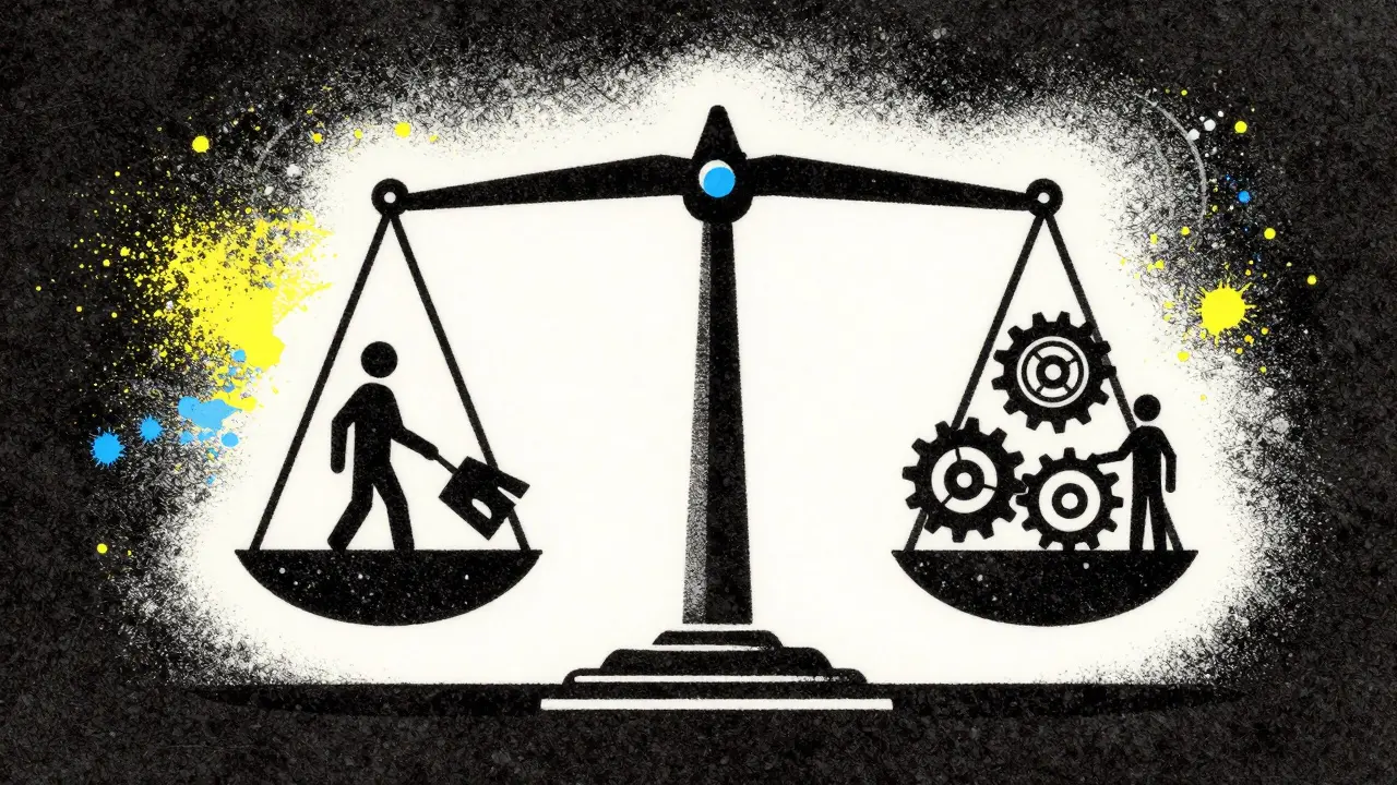 Balance scale weighing humans against AI gears in Risograph illustration style