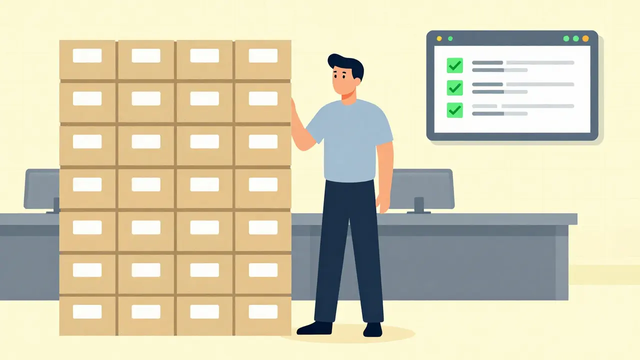 Calm control room with neat file stacks and checkmarks, representing easy audit readiness and compliance.