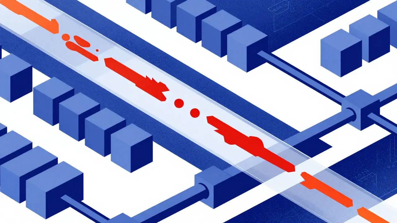 Clean geometric pipeline filtering out red jagged shapes, illustrating automated AI governance and safety measures.