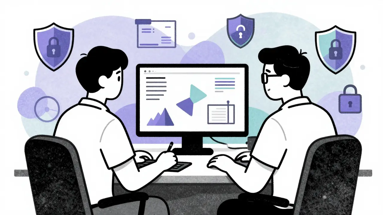 Developer and security expert collaborating as co-pilots in a calm Risograph illustration