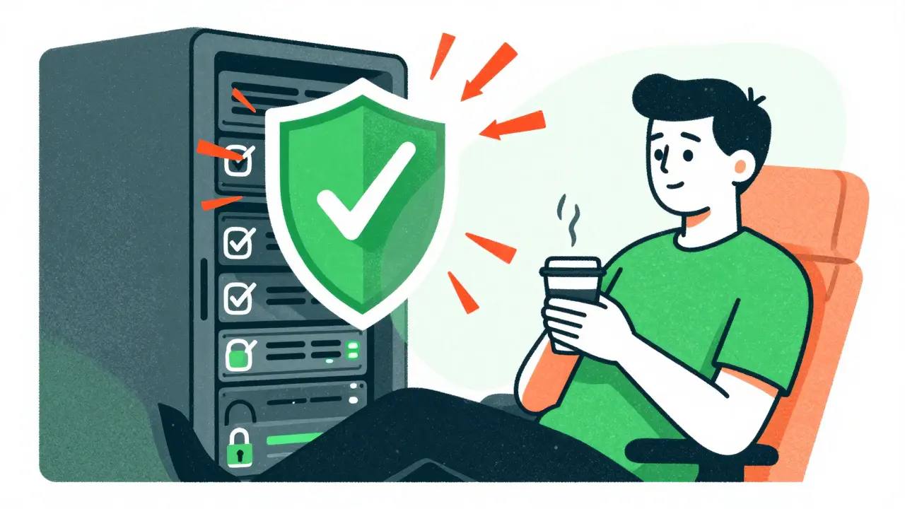 Engineer supervising AI security shield protecting servers from alerts