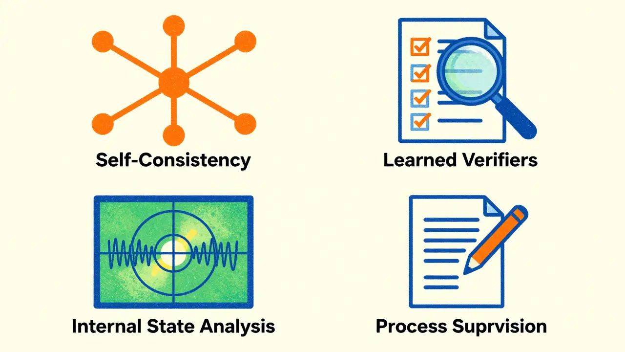 Four abstract icons representing AI verification methods in Risograph art