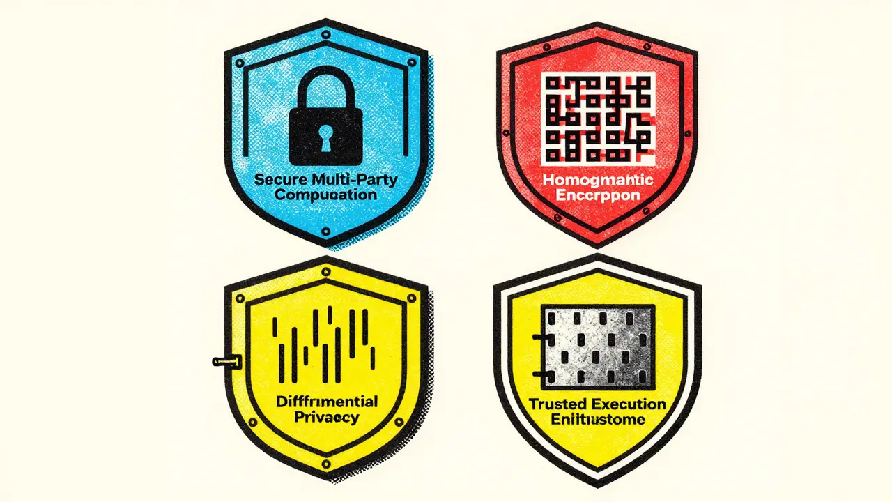 Graphic representation of four security layers protecting data in federated learning.