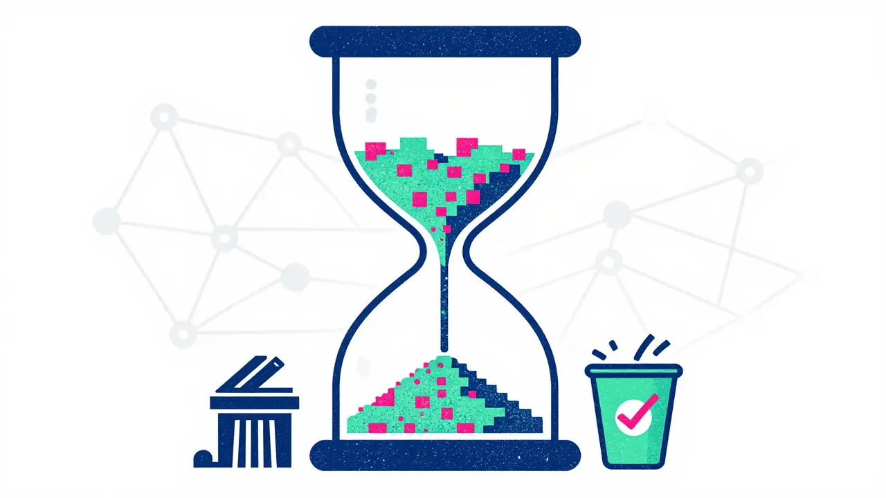 Hourglass and shredder illustrating data deletion policies in Risograph
