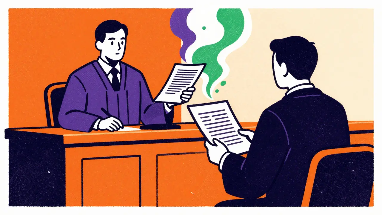 Illustration of lawyer with dissolving documents in court