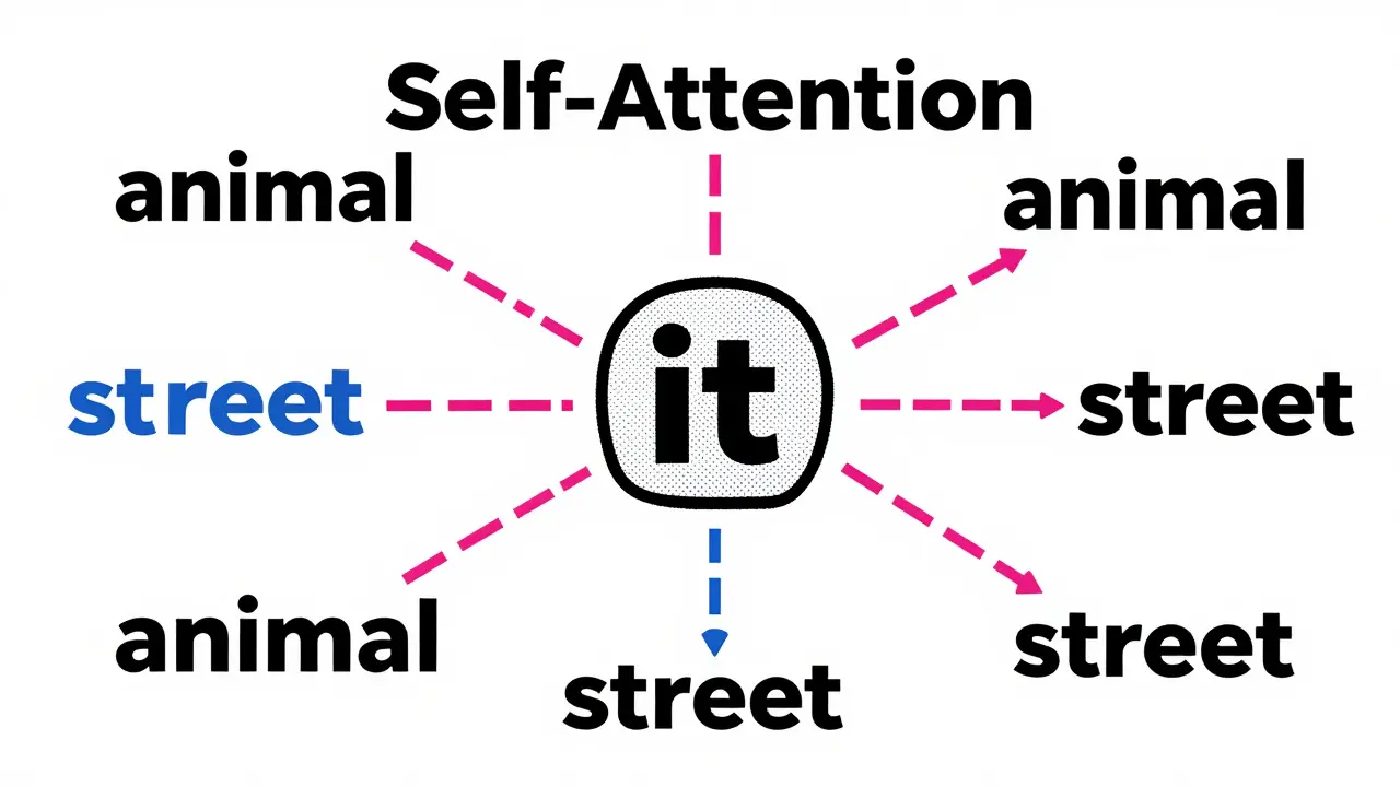 Illustration of self-attention connecting words in a sentence