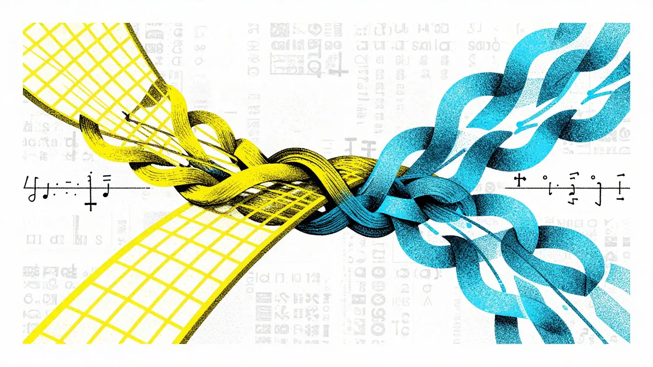 Interwoven geometric and organic streams representing syntax and semantics merging