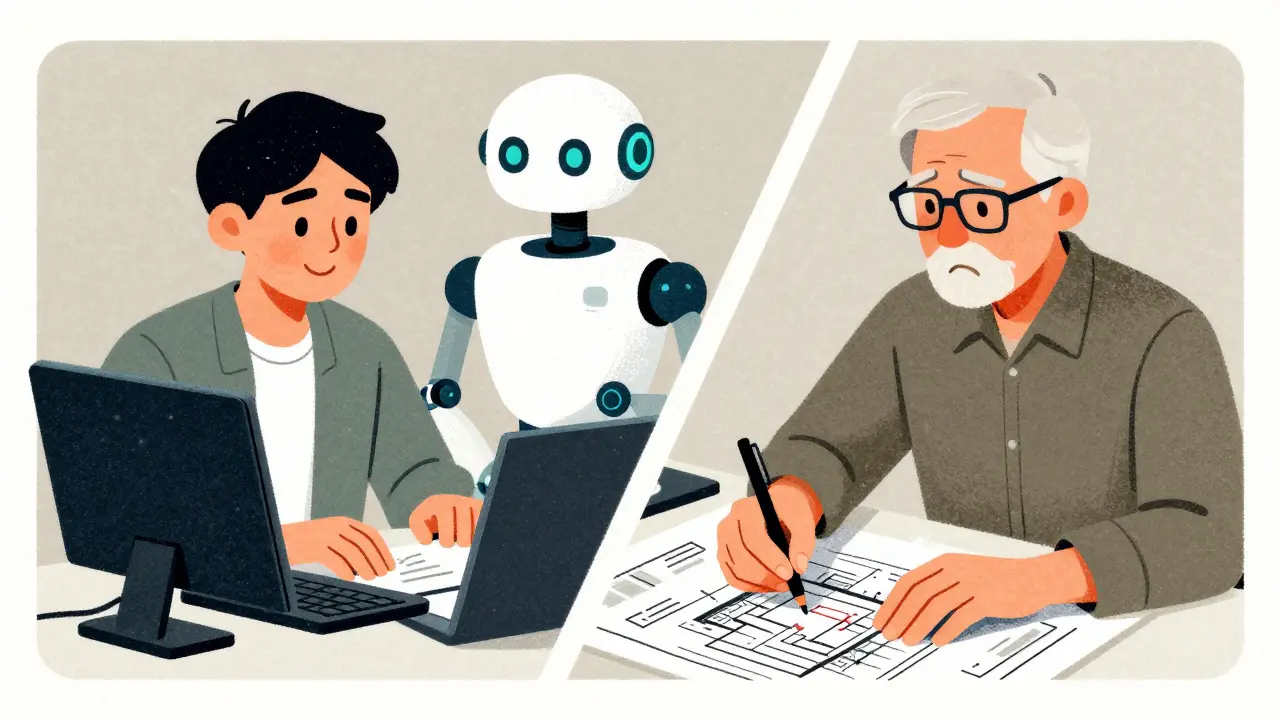 Junior and senior devs interacting differently with AI in Risograph