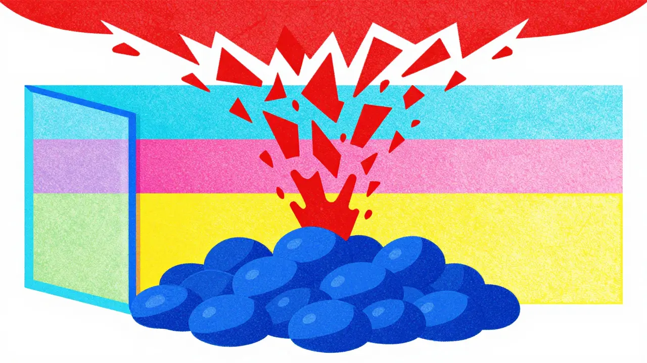 Layered filters sorting chaotic shapes into coherent ones, Risograph style