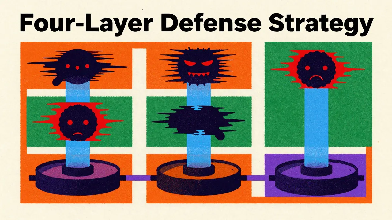 Layered security filters blocking malicious data, Risograph art