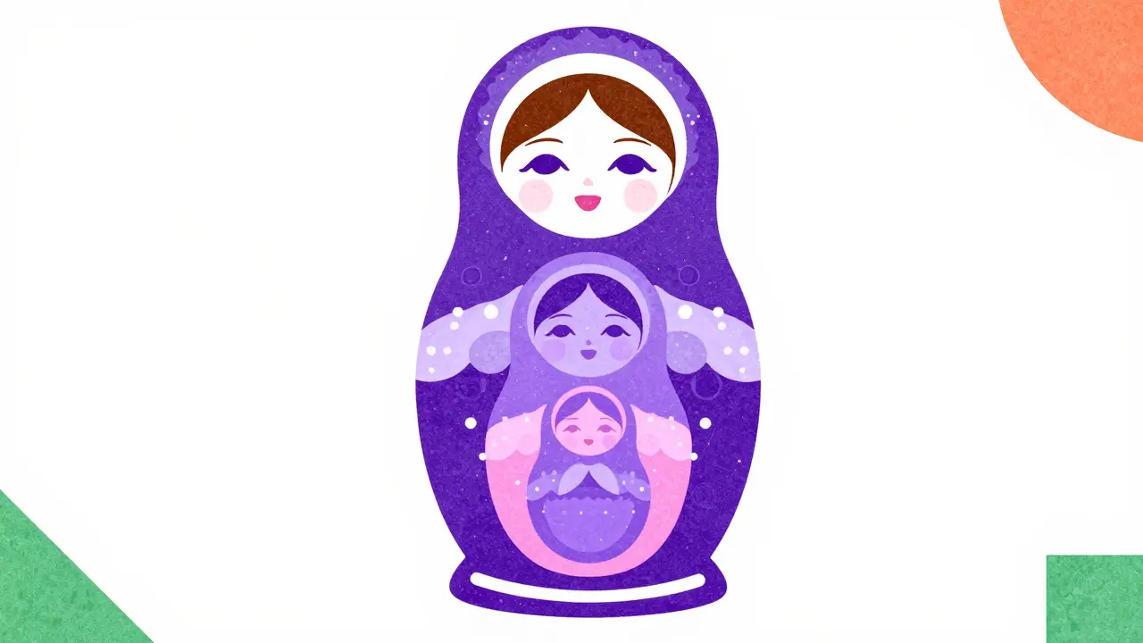 Nested Russian dolls illustrating flexible embedding dimensionality concepts.