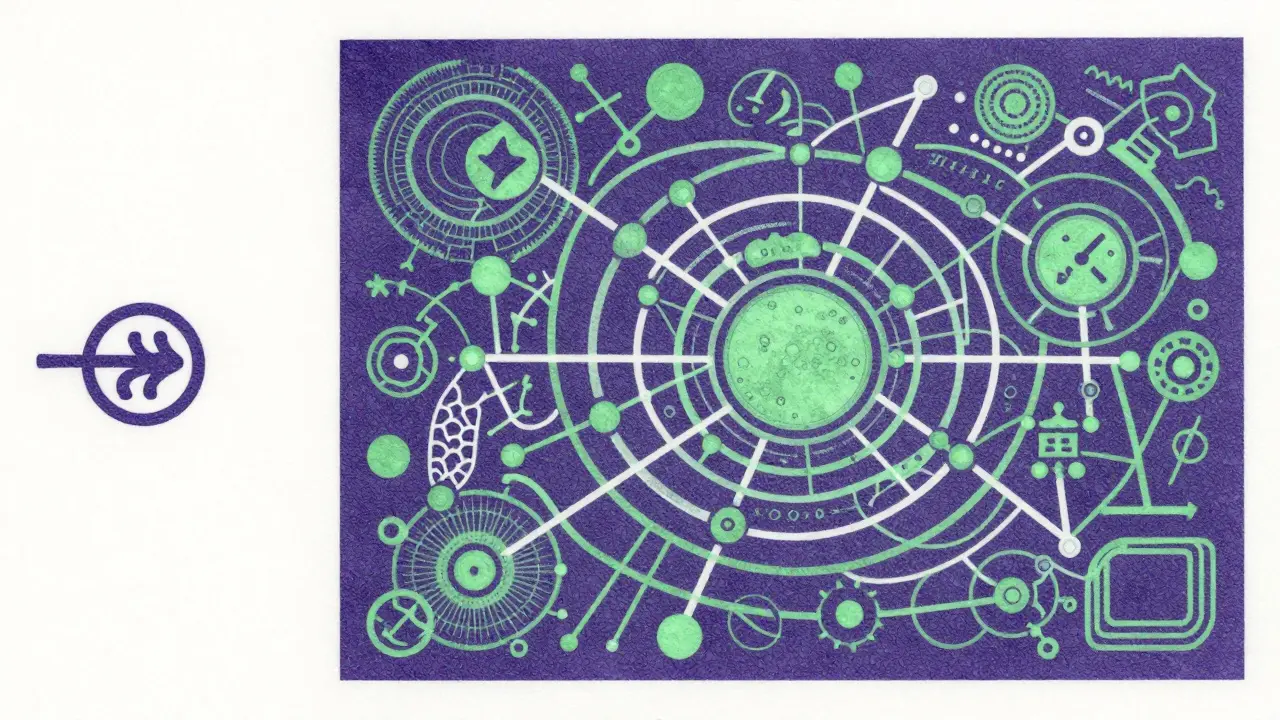 Risograph art contrasting small visible output with large hidden reasoning processes