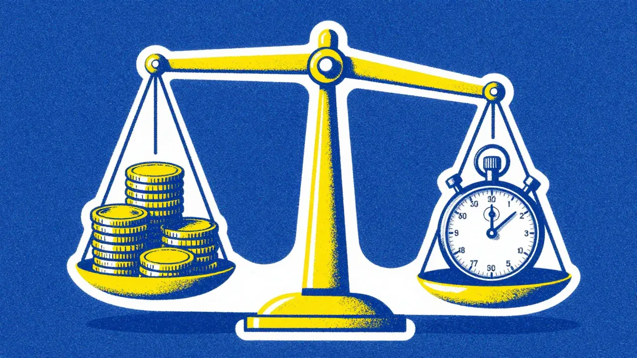 Risograph art of a scale balancing cost savings and latency
