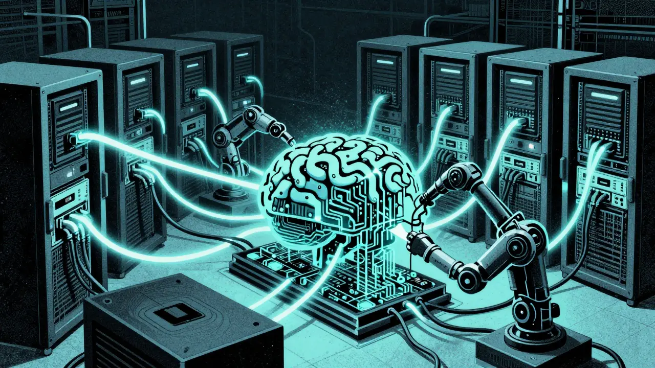 Risograph art of GPU servers and robotic arms assembling an AI model brain