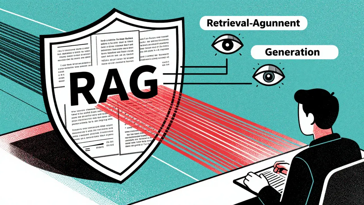 Risograph graphic of RAG shields protecting human reviewers