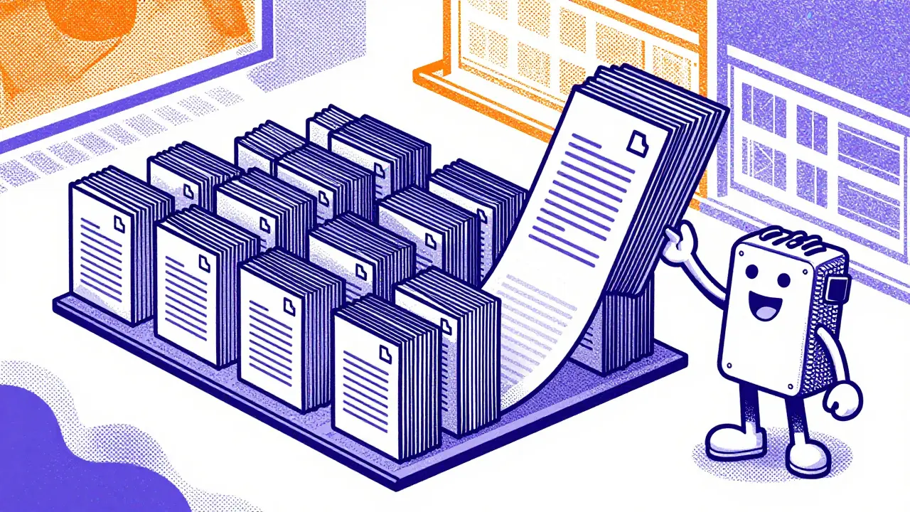 Risograph illustration of documents batching into a happy GPU