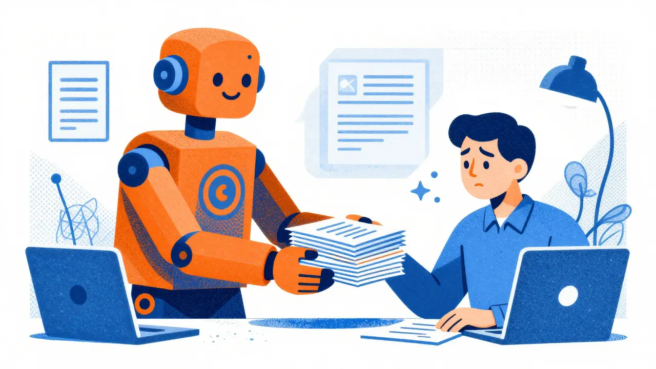 Robot assistant handing documents to a worker, reducing workload, Risograph
