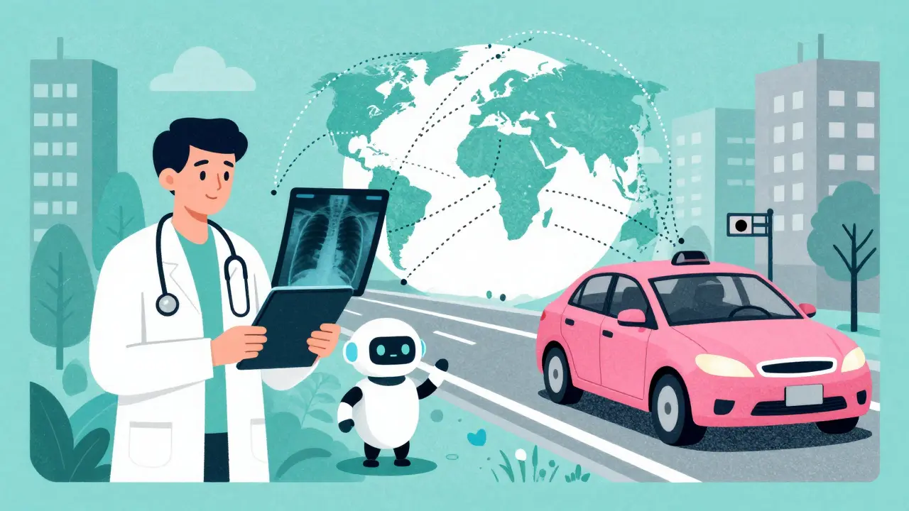 Scene showing doctors and self-driving cars collaborating via secure AI networks.