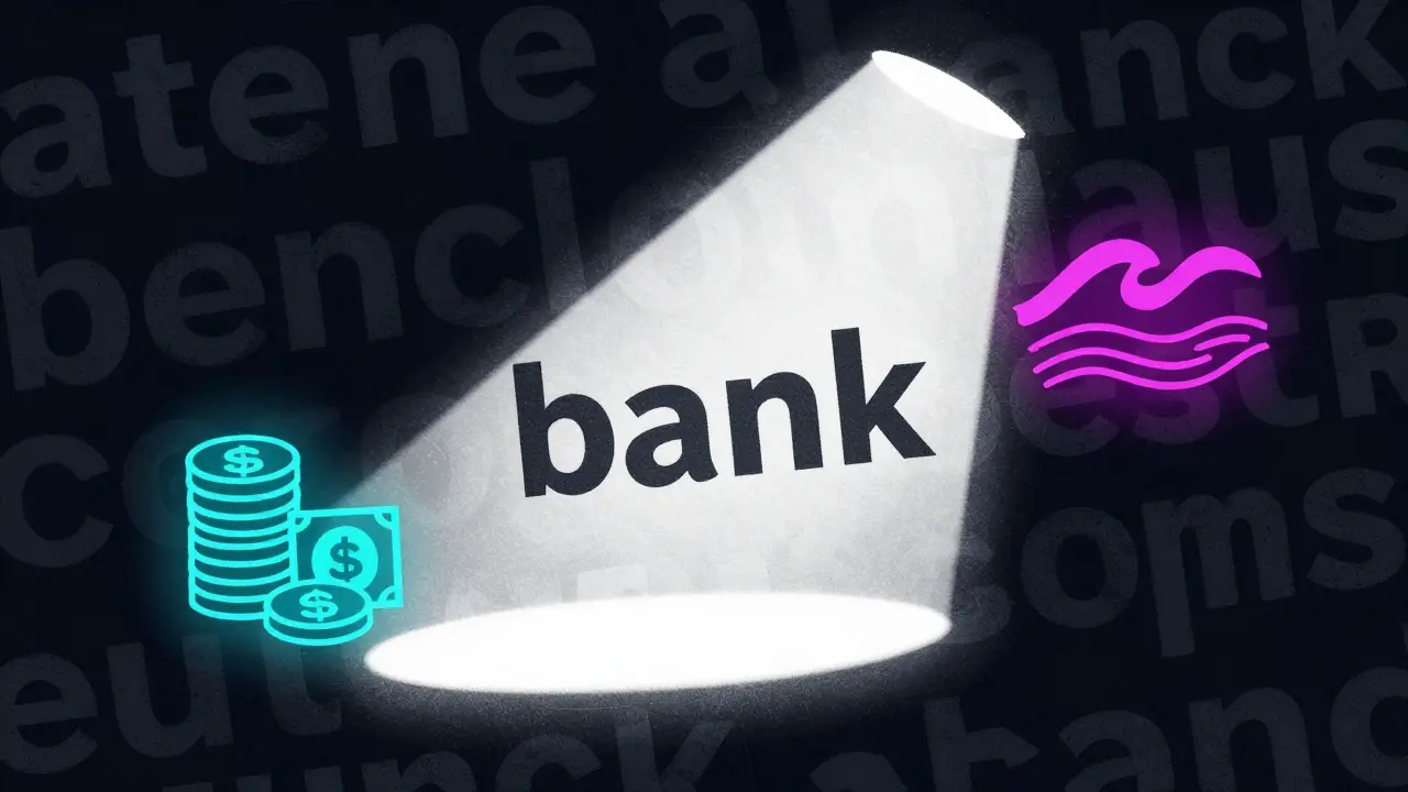Spotlight highlighting the word 'bank' with financial and river icons, Risograph art