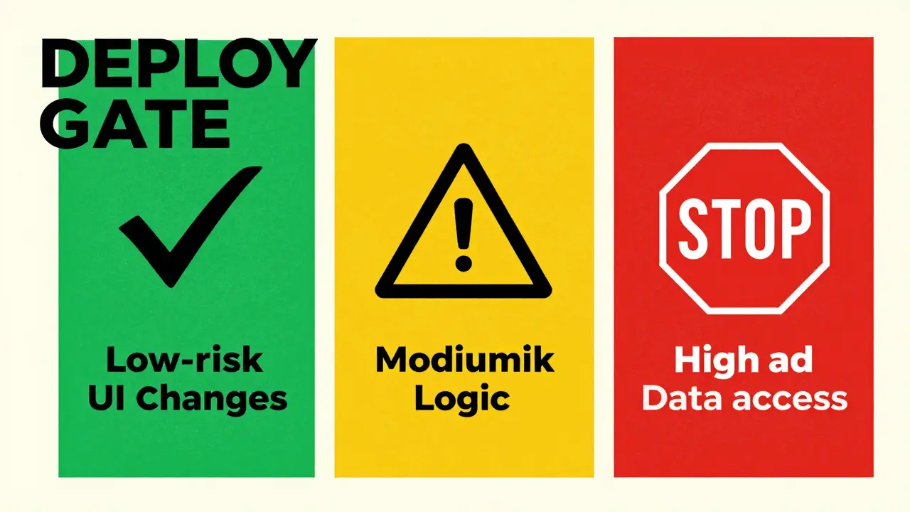 Three-lane Red-Yellow-Green deploy gate framework illustrated in bold Risograph colors