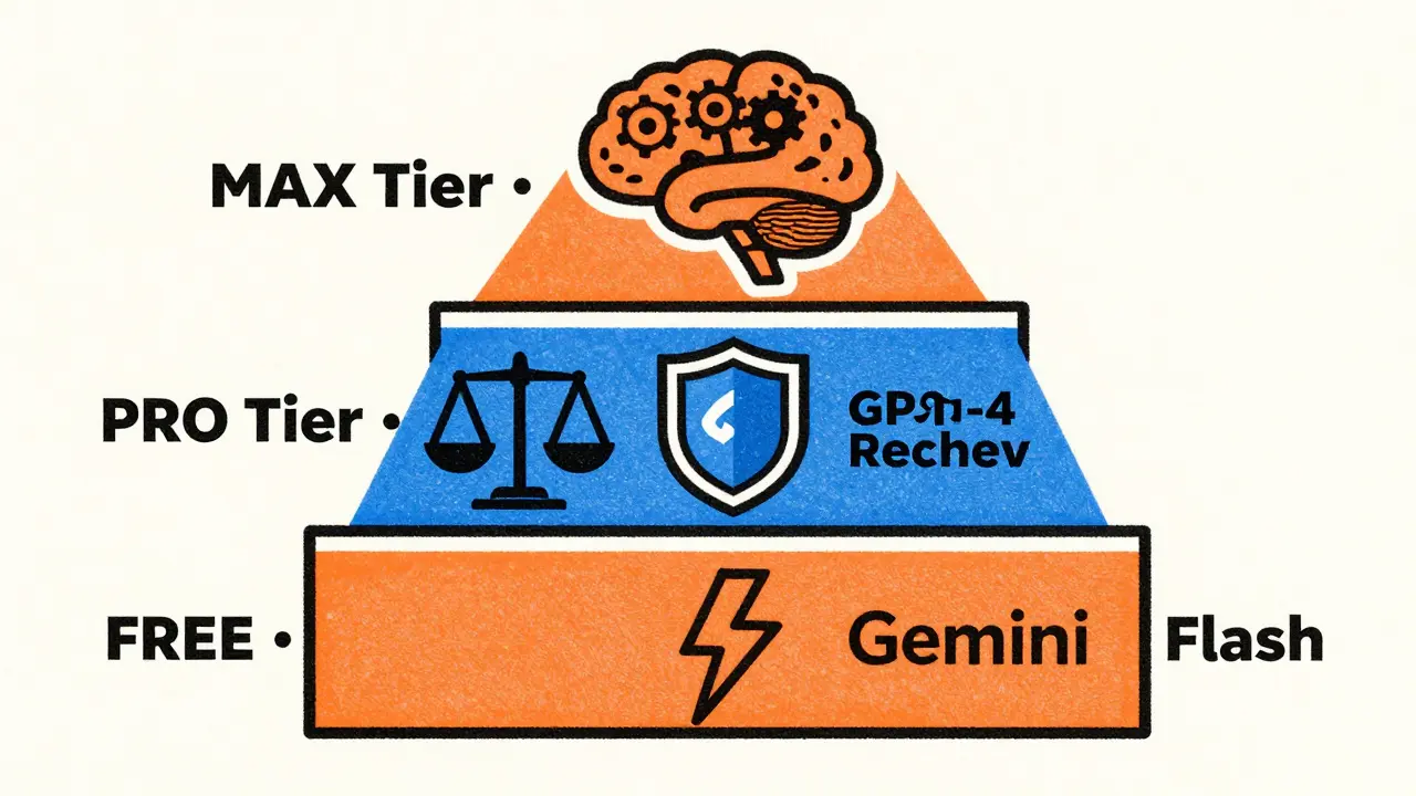 Three-tier AI workflow pyramid, Risograph illustration