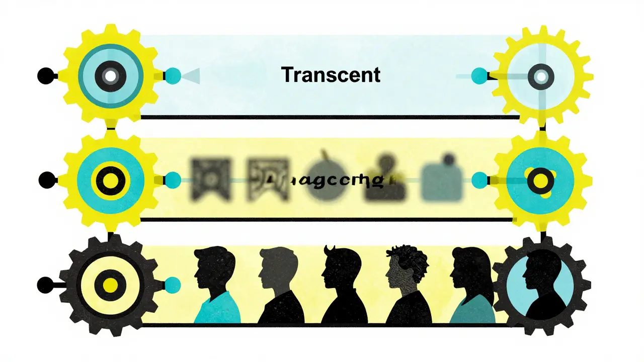 Three-tiered data processing layers illustrated in risograph print style