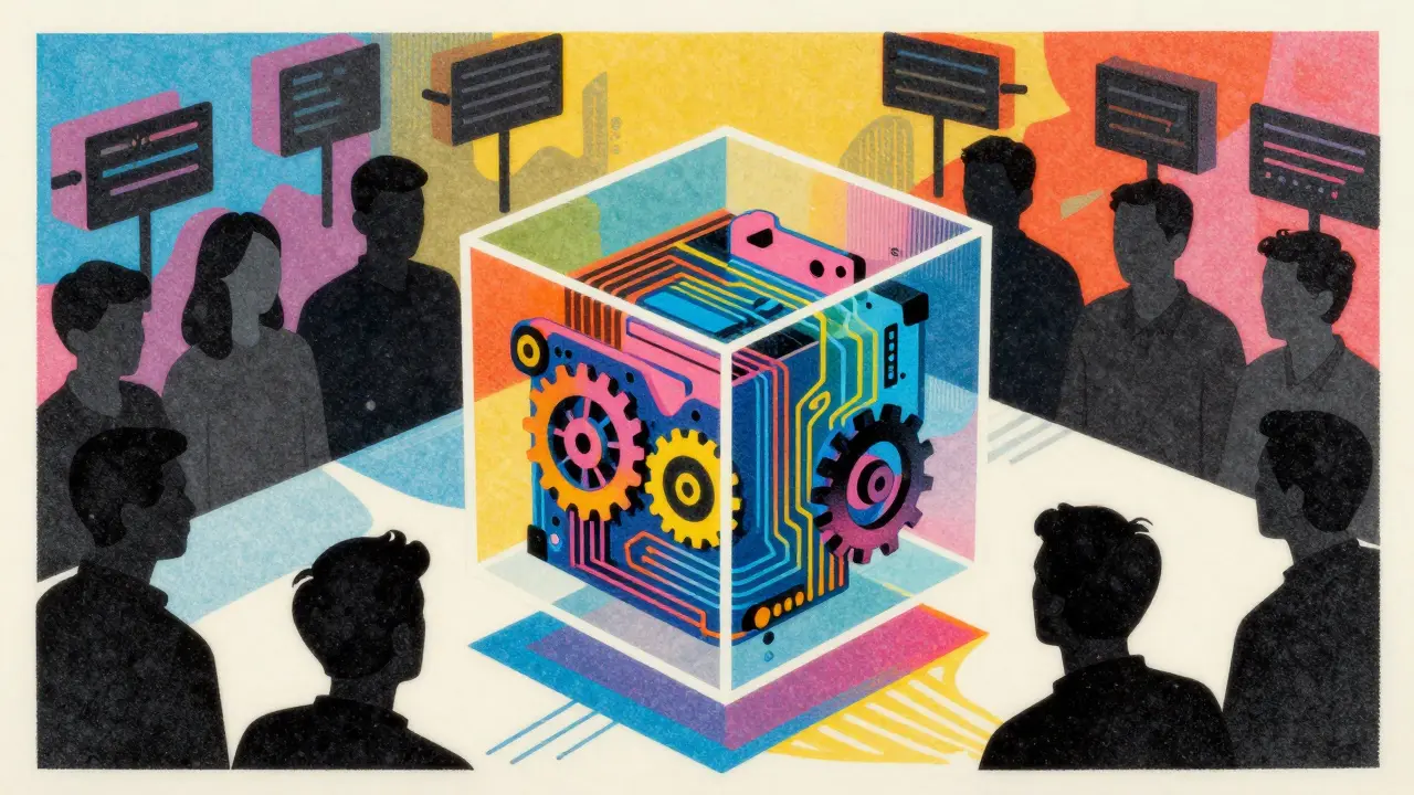 Transparent cube revealing AI inner workings for public transparency.