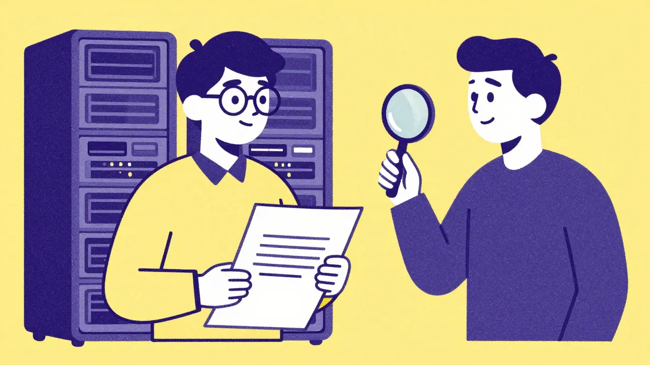Two AI avatars collaborating on code review, Risograph art
