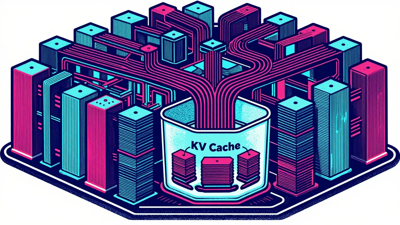 Abstract visualization of LLM KV cache building, Risograph