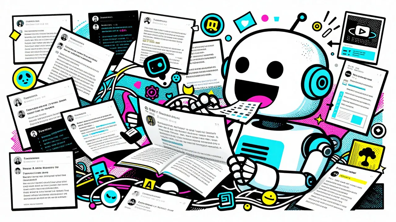 AI figure sorting through chaotic mix of web content and noise