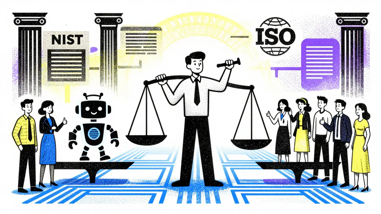 Balanced illustration of IT leaders and employees collaborating on safe AI governance.