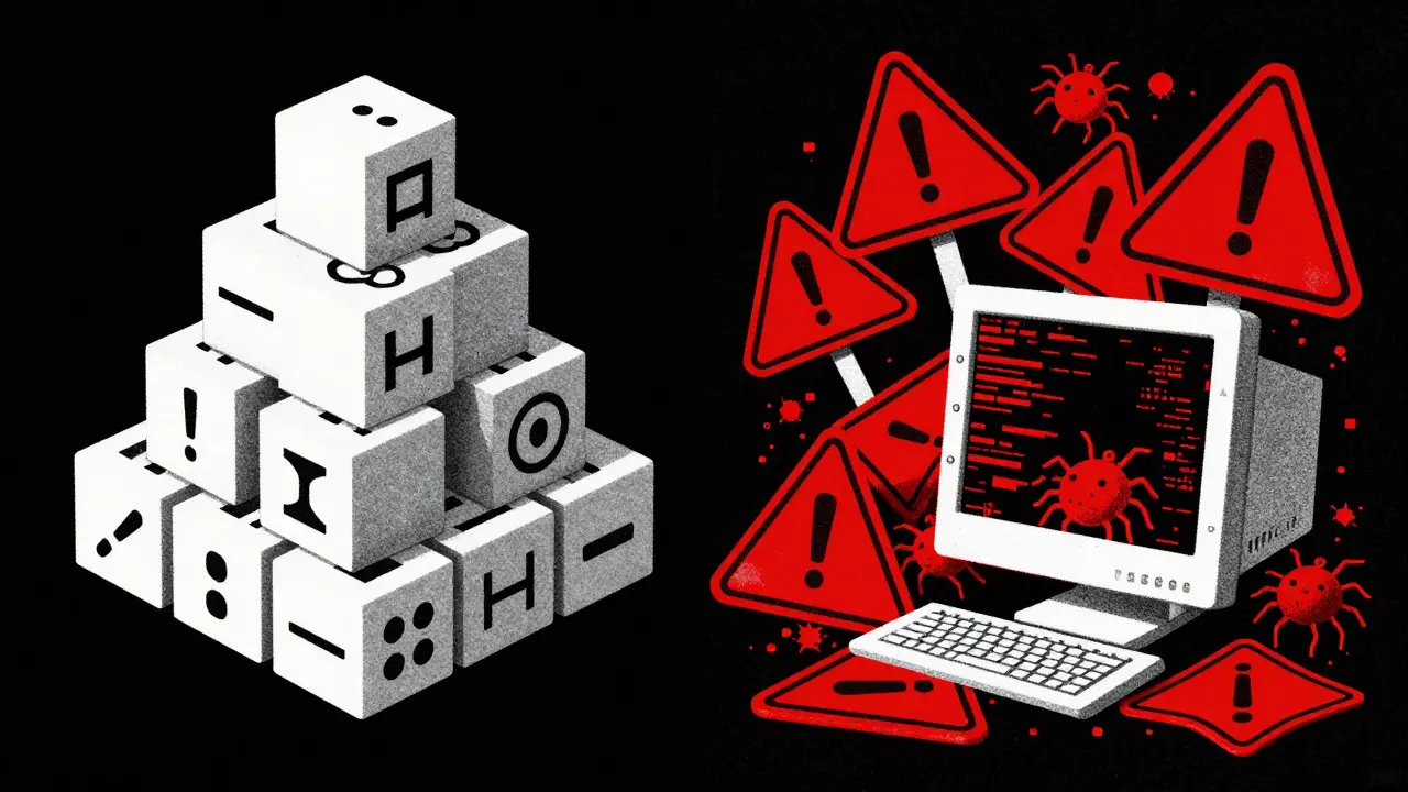 Chaotic code bugs vs clean blocks in Risograph illustration