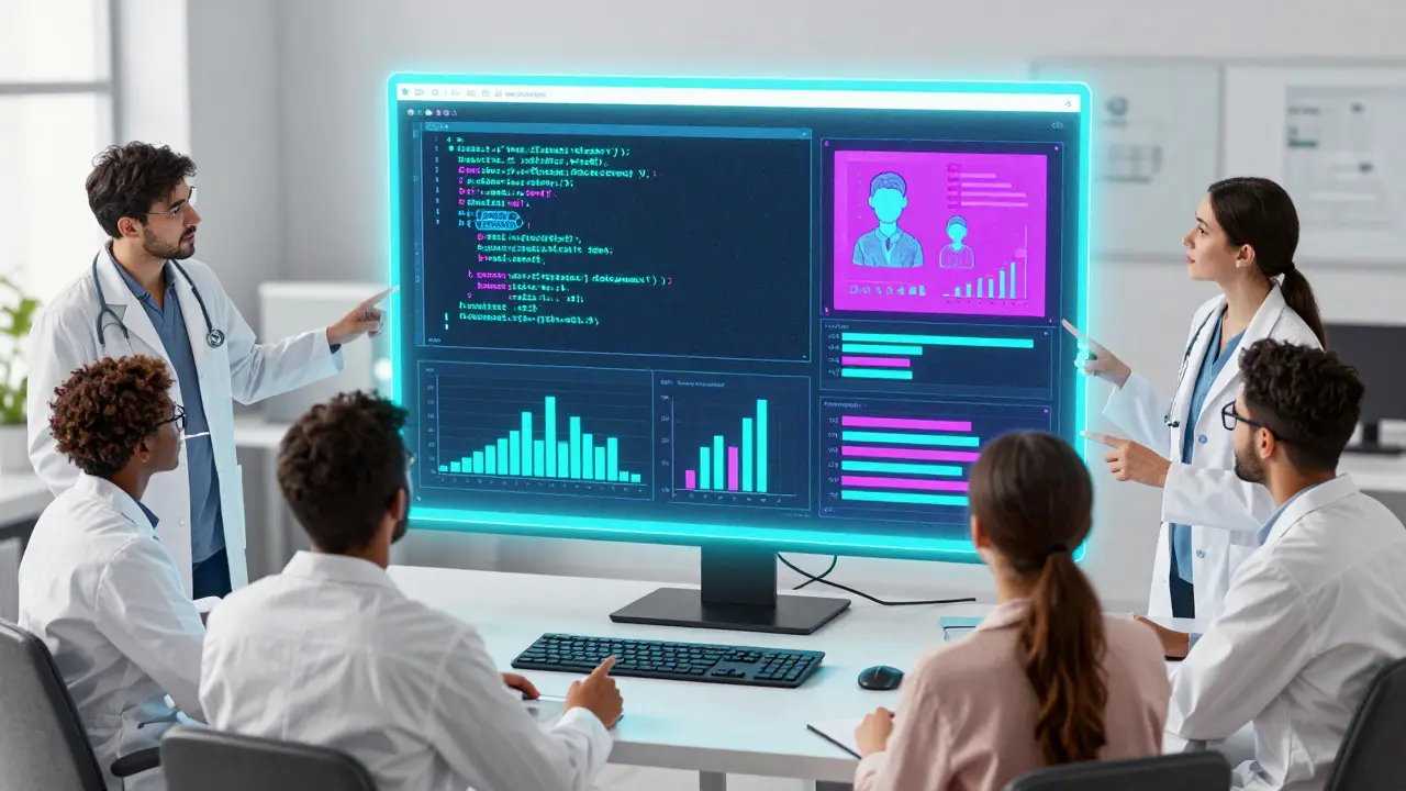 Clinicians collaborating with AI interface using synthetic data for rapid prototyping.