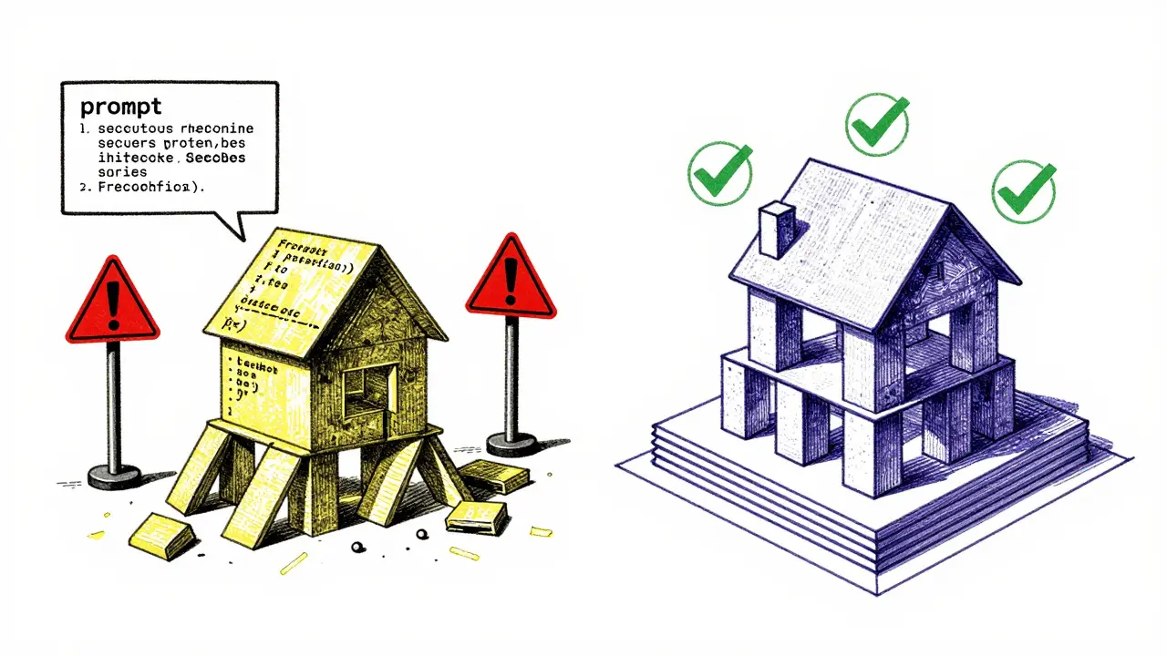 Comparison of fragile insecure code vs sturdy secure architecture in Risograph art