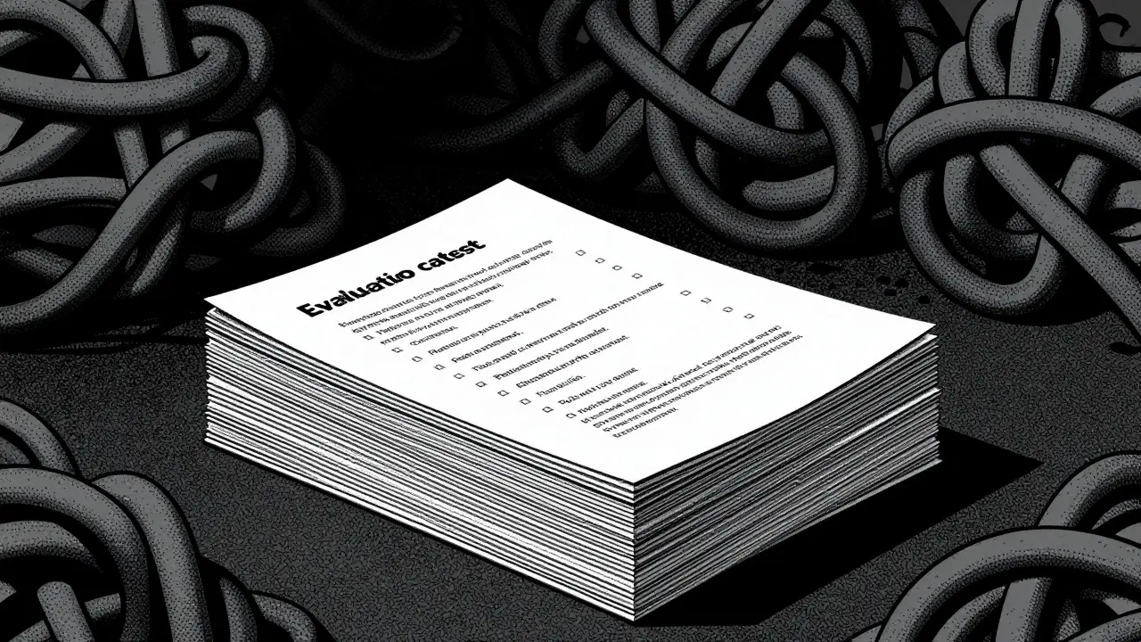 Conceptual art contrasting clean evaluation datasets with tangled generic data in Risograph style