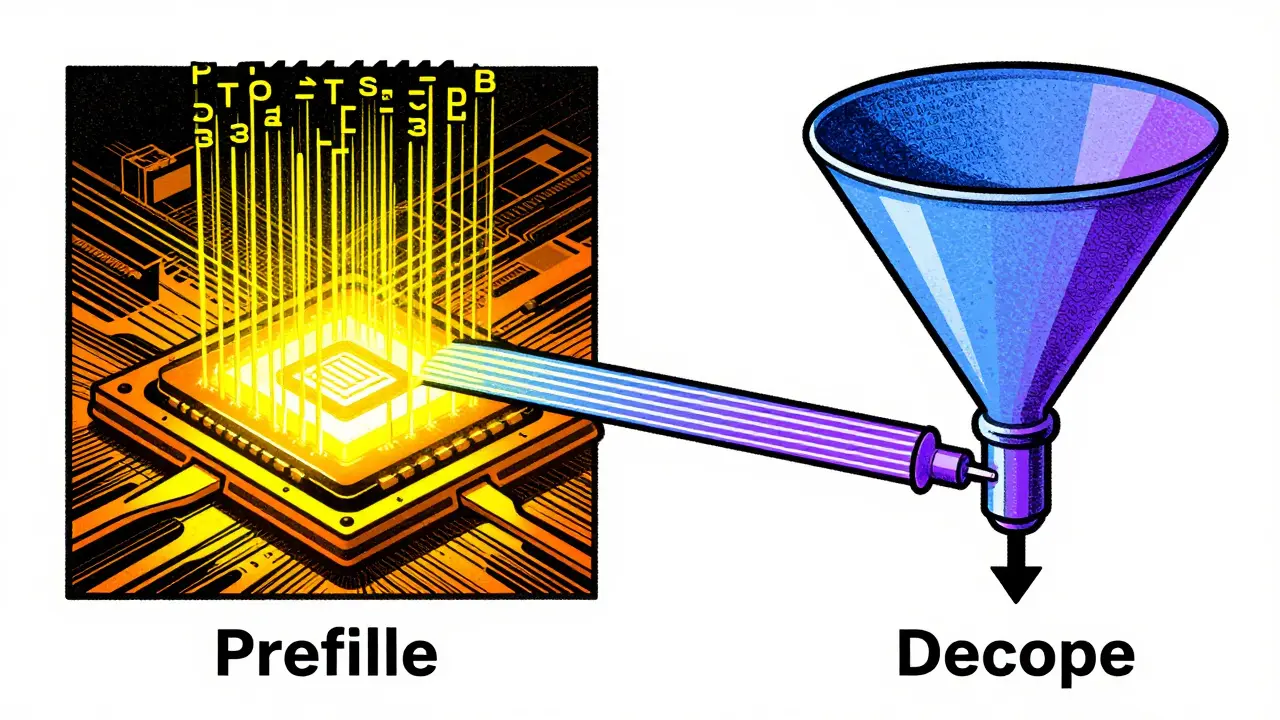 Conceptual art showing LLM prefill vs decode phases with GPUs and funnels