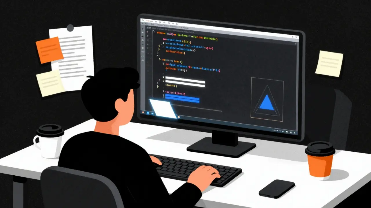 Developer working with abstract floating code blocks at a desk