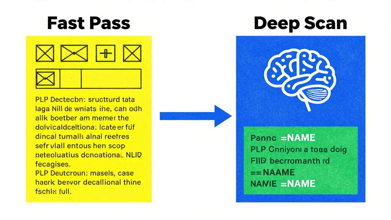 Diagram showing a two-stage PII detection pipeline filtering text.