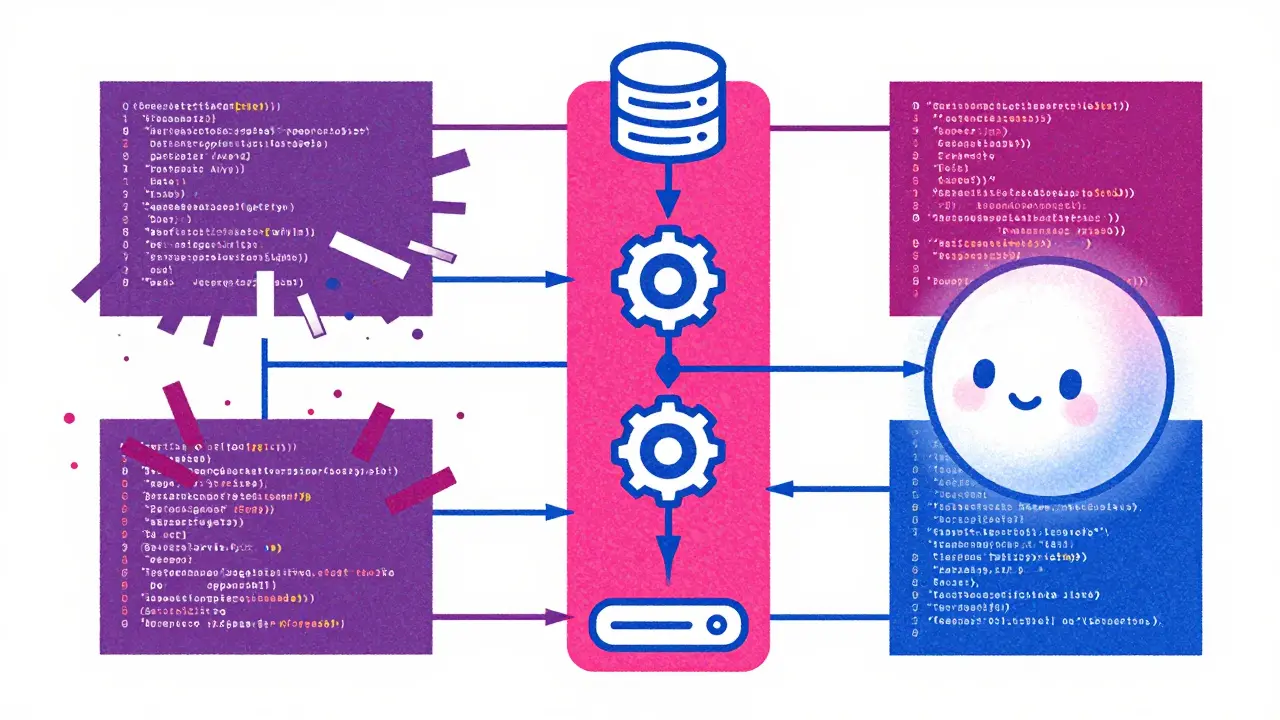 Diagrammatic art showing vertical slice coding with database, API, and UI